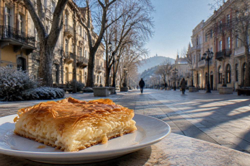 Golden square of cheese filo pastry on a plate