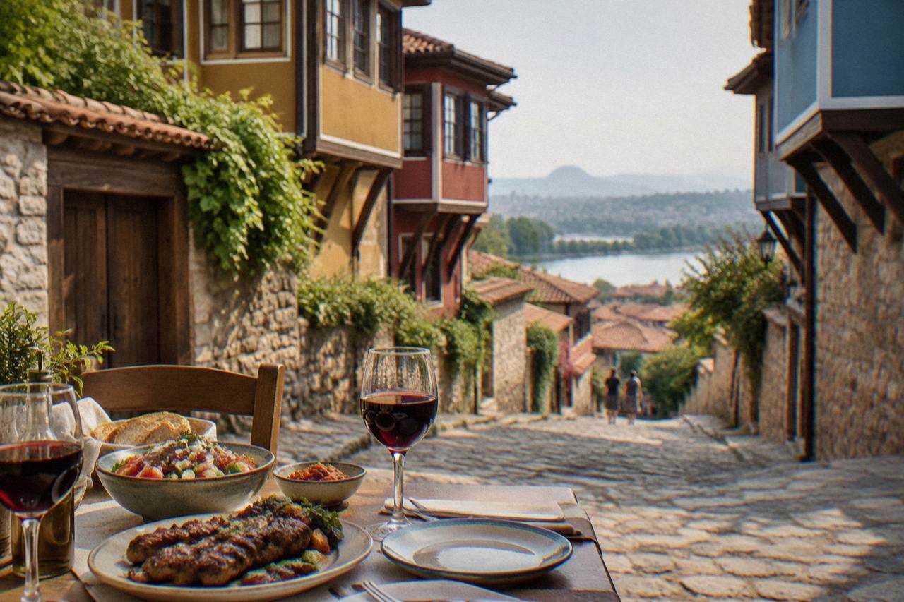 An evening table set with salad, grilled meat and glasses of red wine on a cobbled street in Plovdiv