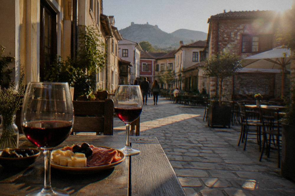 Glasses of red Bulgarian wine and a small plate of cheese and cured meats on a wooden table