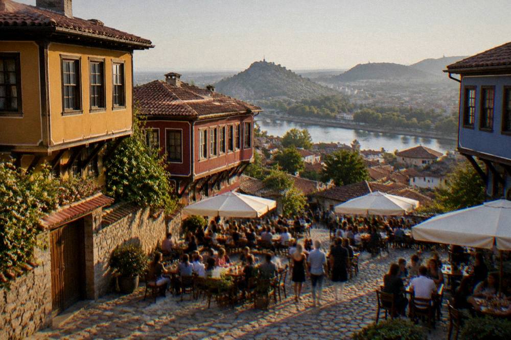 A busy evening crowd at outdoor restaurant tables on a cobbled square in Plovdiv