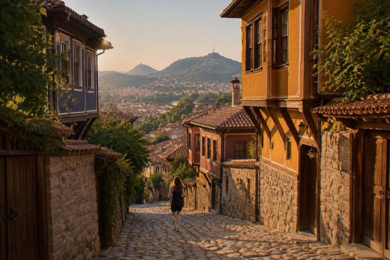 Plovdiv Old Town rooftops under a clear afternoon sky with hills in the background