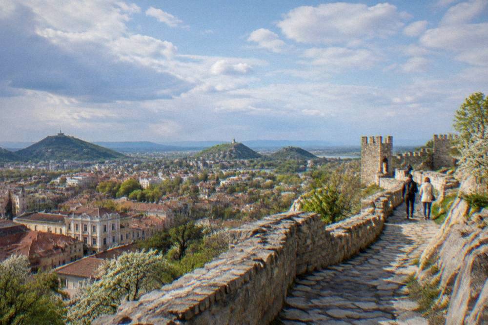 Walking path on one of Plovdiv's hills with views over the city in spring