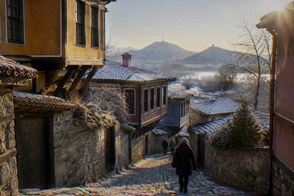 Frost-covered rooftops of Plovdiv Old Town on a clear winter morning