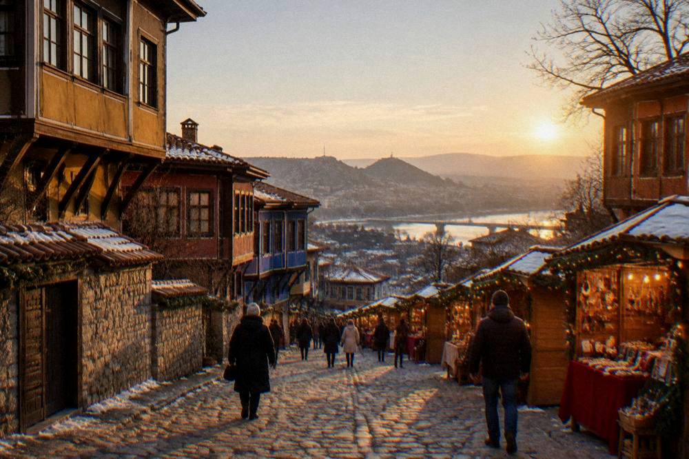Christmas market stalls with warm lights in Plovdiv at dusk