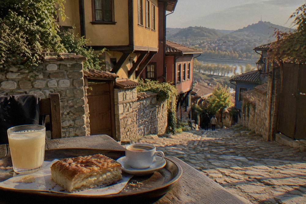 A breakfast tray with banitsa, a glass of boza and a cup of espresso