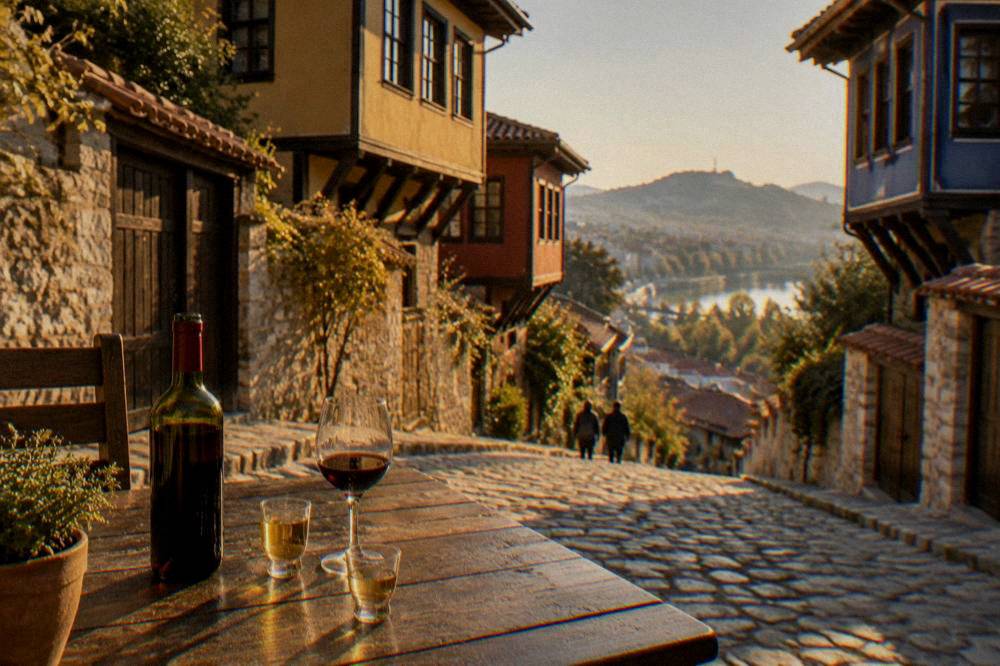 Small glasses of rakia and a bottle of red wine on a wooden table
