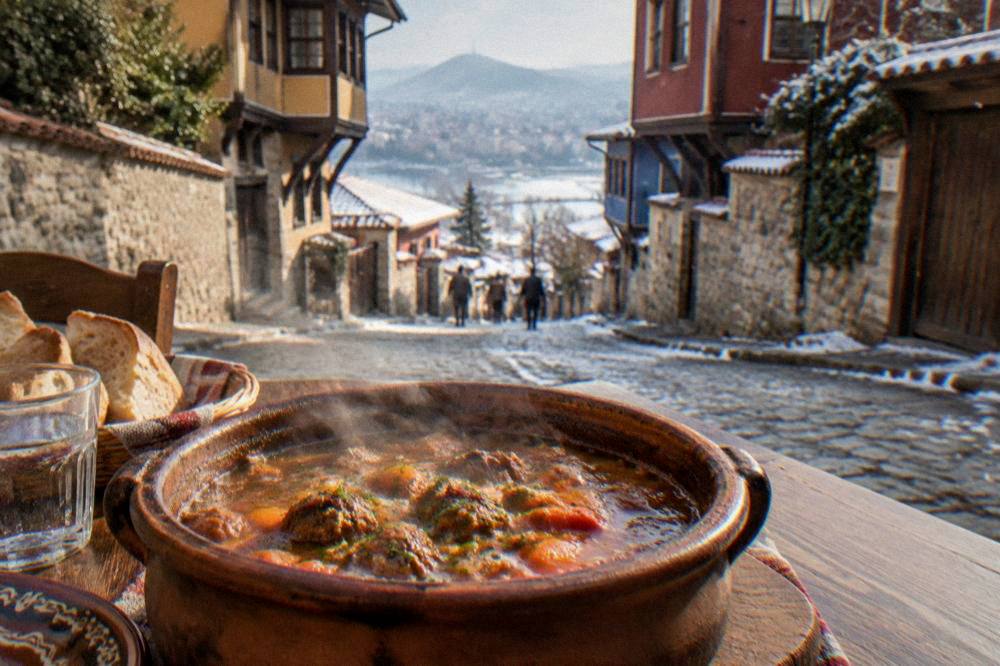 A clay pot of kavarma stew bubbling on a restaurant table