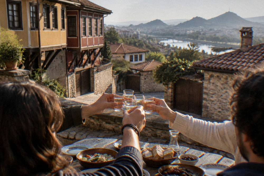 Friends raising small glasses of rakia in a toast at a dinner table