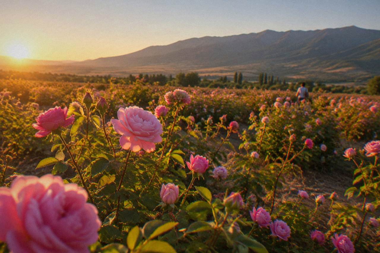 A field of pink Damask roses in bloom under a morning sky