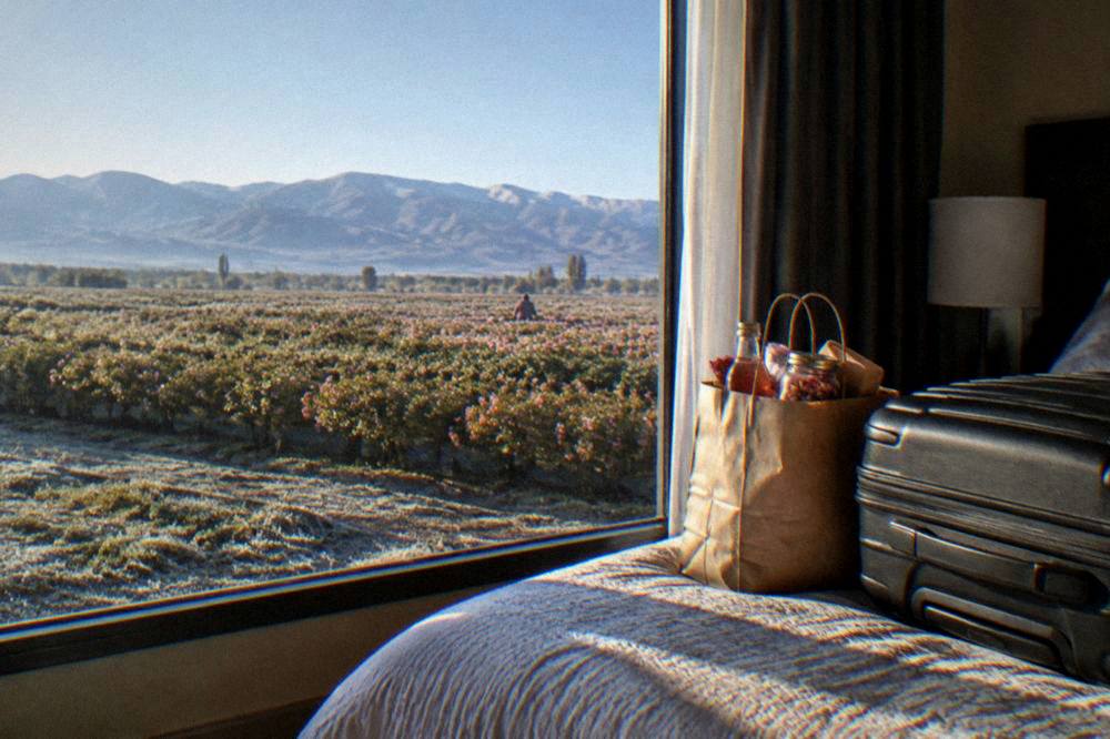 A paper bag of rose products beside a suitcase in a hotel room