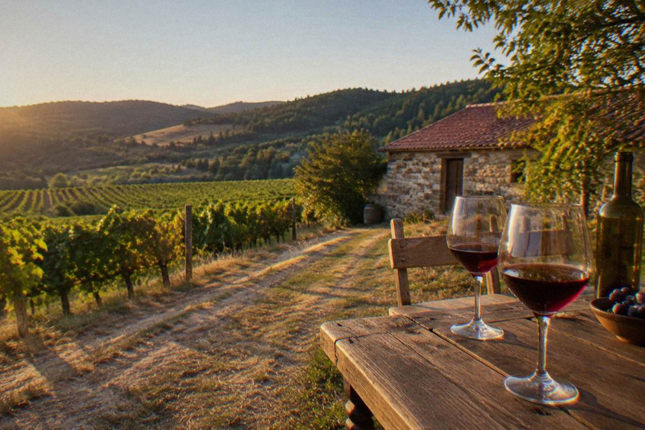 Glasses of red wine on a wooden table beside a vineyard at golden hour