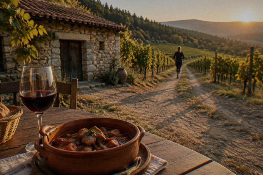 A clay pot of meat stew beside a glass of red wine on a restaurant table