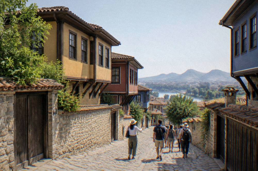 A walking guide showing a small group a cobbled old town street