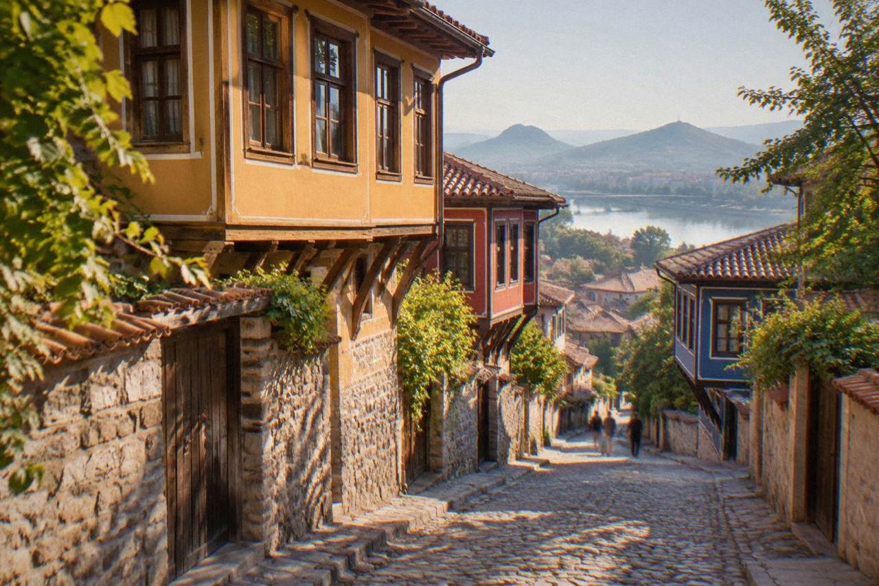 Cobbled street and colourful revival-era houses on a hillside in Plovdiv Old Town