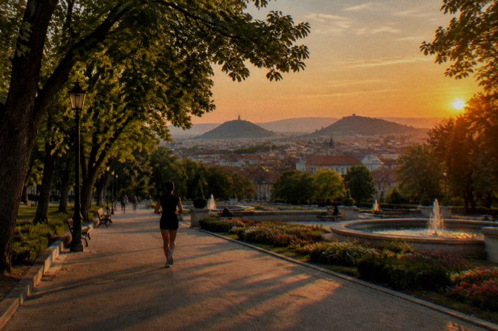 Panoramic view over red rooftops of a city with hills on the horizon at sunset