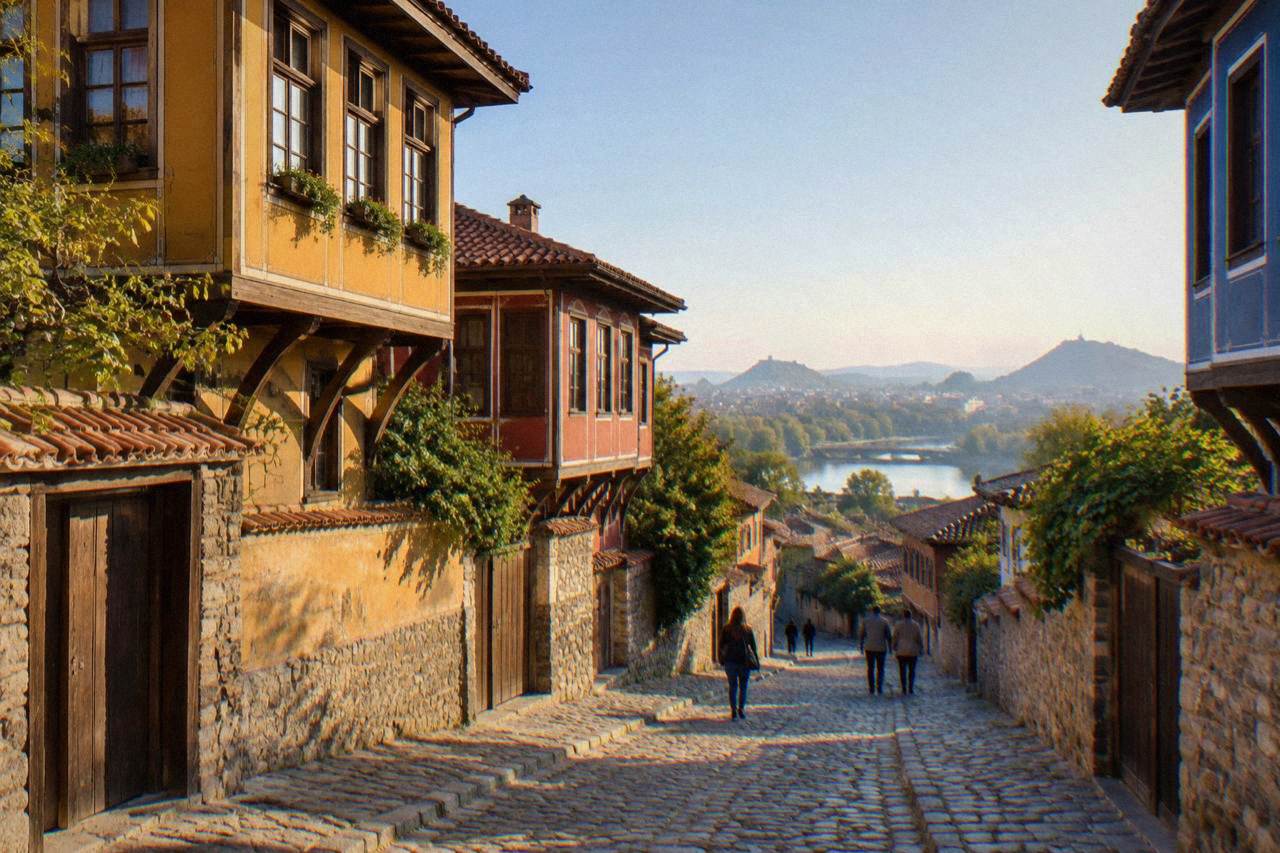 Pedestrians walking along a cobbled street in Plovdiv Old Town past colorful revival-era houses