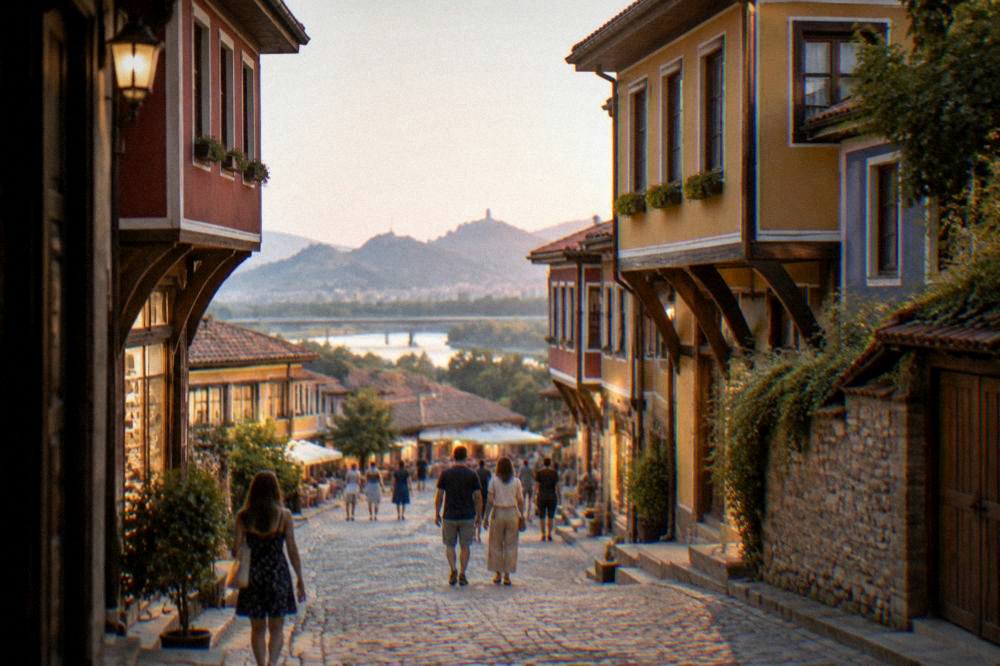 People strolling on a wide pedestrian street in Plovdiv at dusk with lit shop fronts