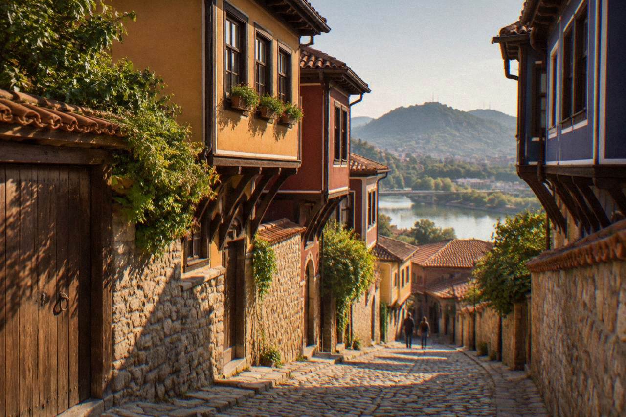Cobbled street in Plovdiv Old Town with colourful revival-era houses on a sunny day