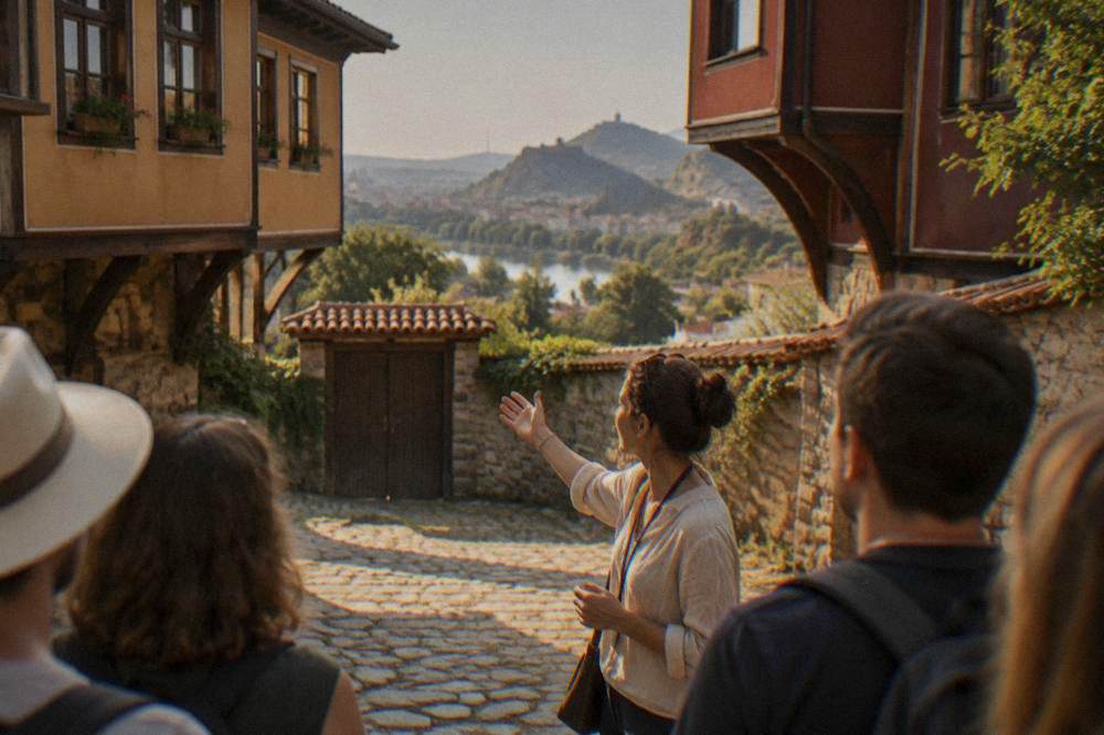 A local guide speaking to a small group of visitors in a Plovdiv Old Town courtyard