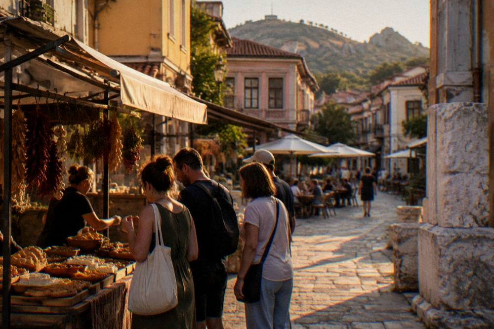 A small food tour group tasting Bulgarian dishes at a market stall in Kapana