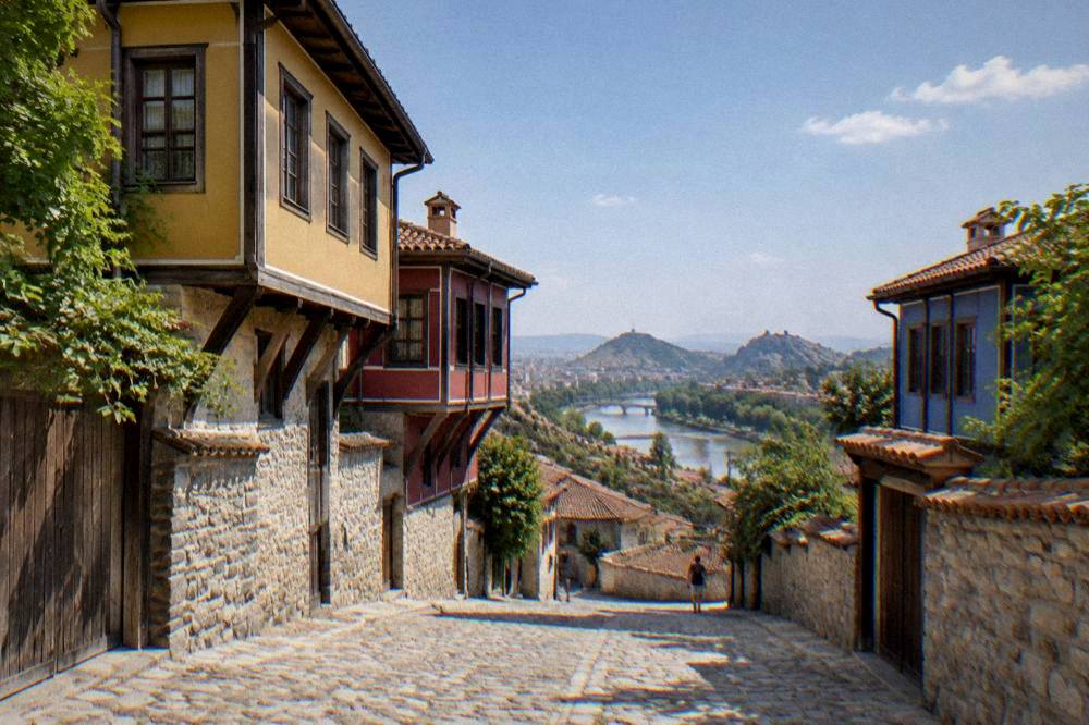 A visitor reading a ticket sign outside an old house museum in Plovdiv Old Town