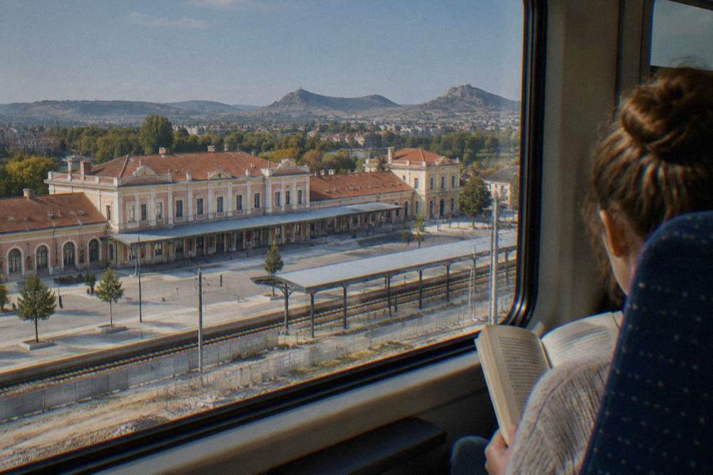A passenger reading in a train carriage with countryside passing outside the window