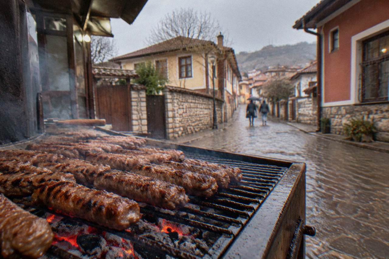 Rolled grilled minced meat kebapche resting on a hot metal grill beside glowing charcoal