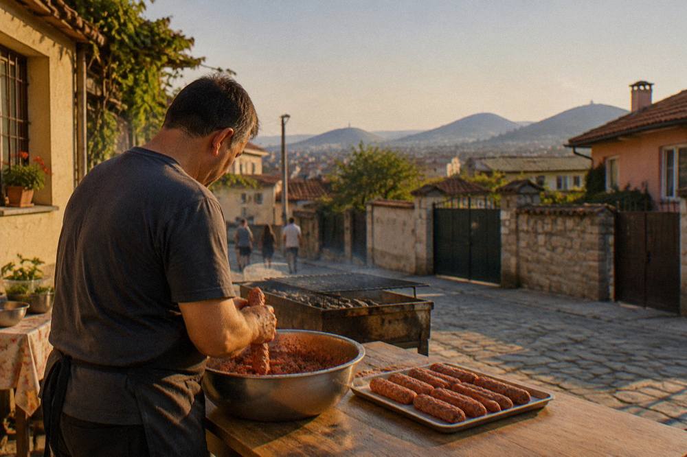 Raw spiced minced meat being shaped into long rolls by hand before grilling