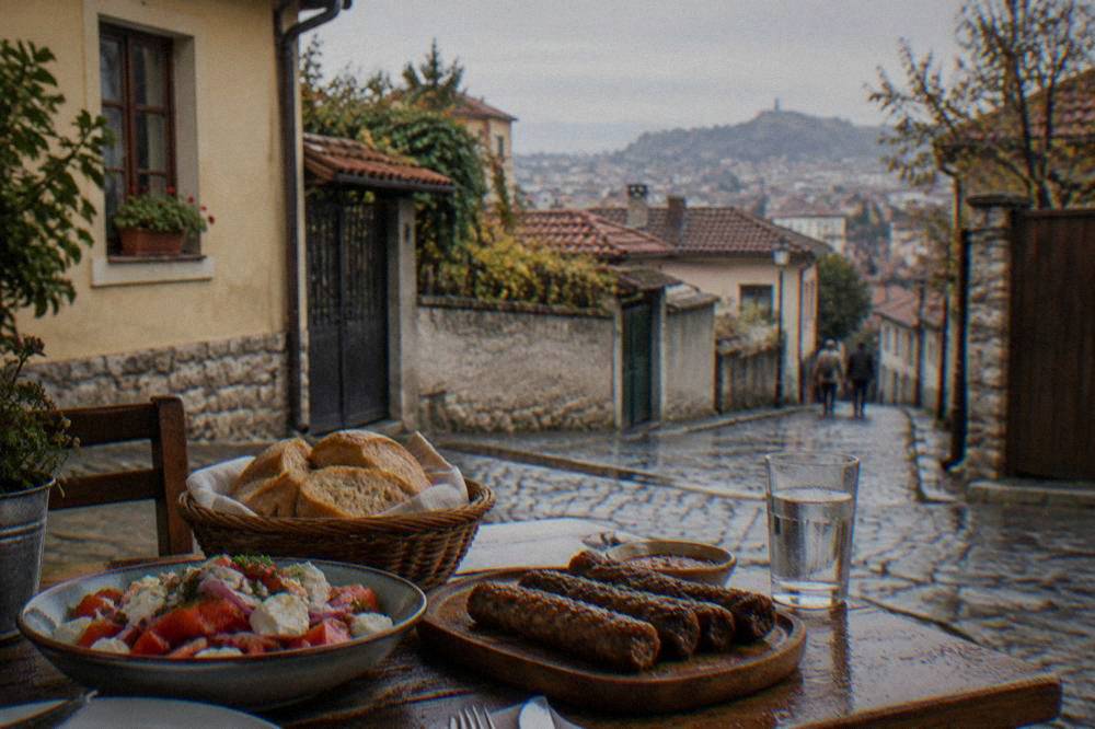 A wooden table with a fresh tomato and cheese salad, bread and grilled meat rolls ready to share