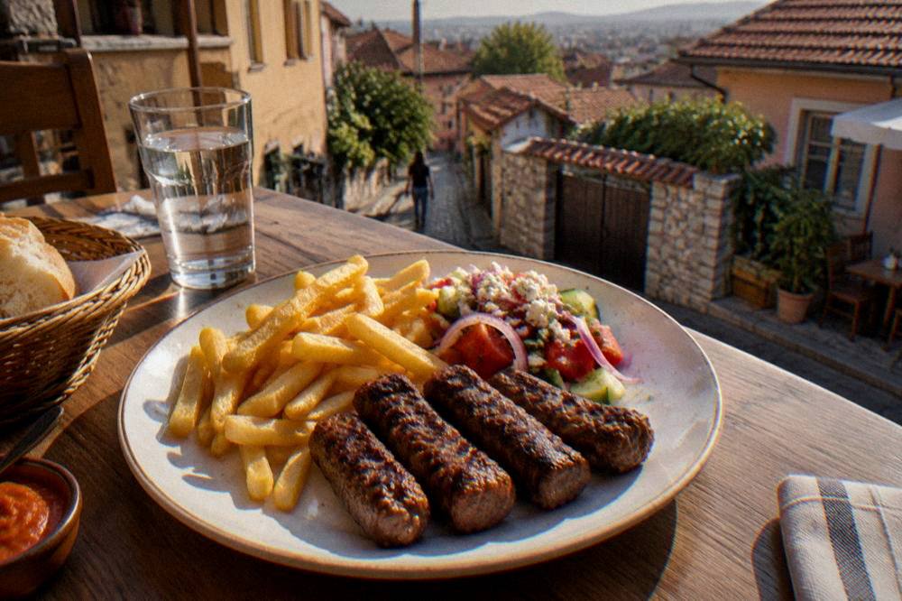 A close view of kebapche rolls plated with fries and a fresh salad on a restaurant table