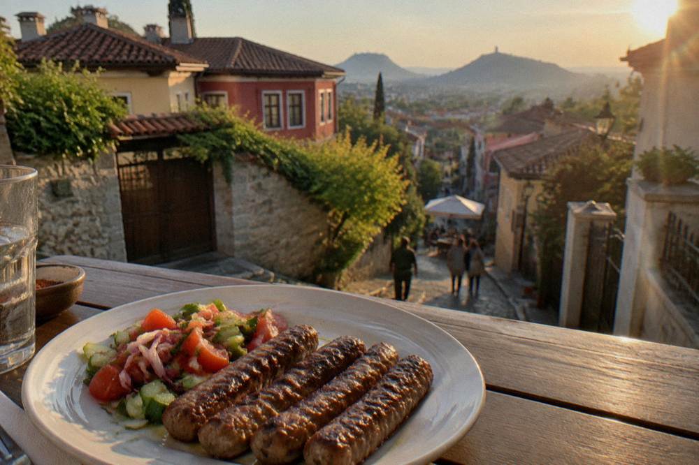 Grilled minced-meat sausages on a plate with a side salad