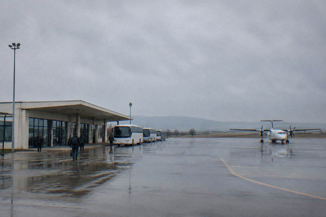 A small regional airport terminal building under a wide sky near Plovdiv