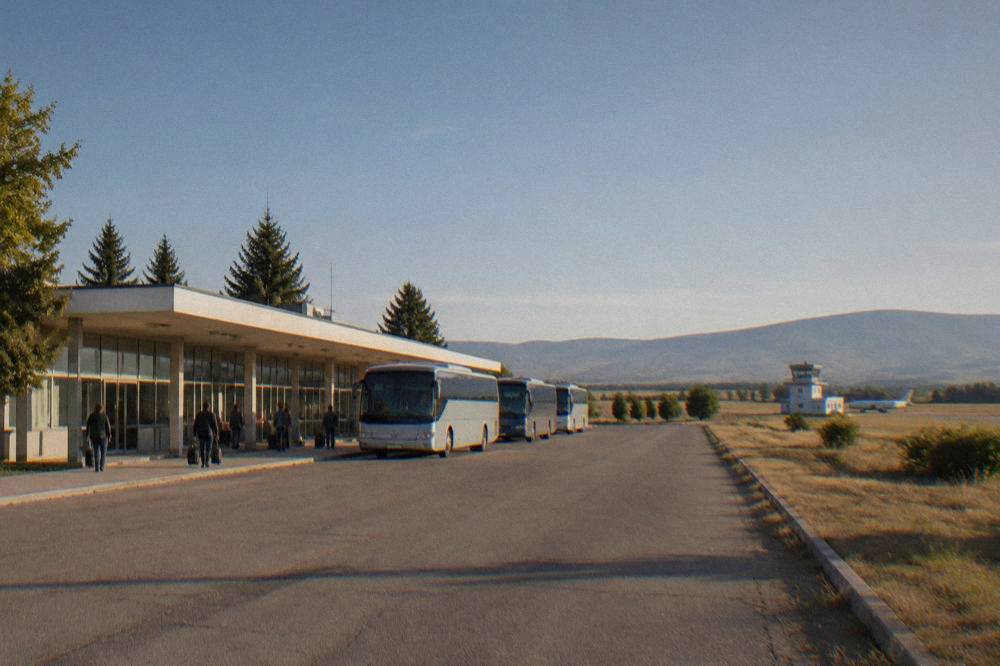 Rolling fields and a quiet road leading toward Plovdiv airport at Krumovo