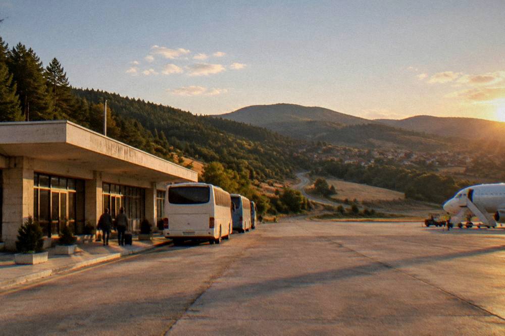 A winding road through green Rhodope hills toward a distant village