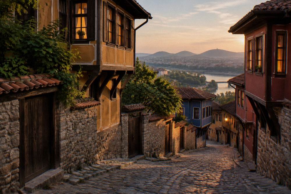 Cobbled Old Town lane at dusk with warm window light, empty