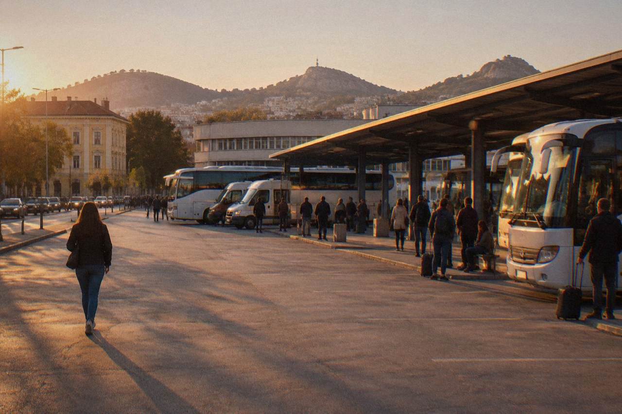 Buses parked at a city bus station in Plovdiv with passengers waiting near the platforms