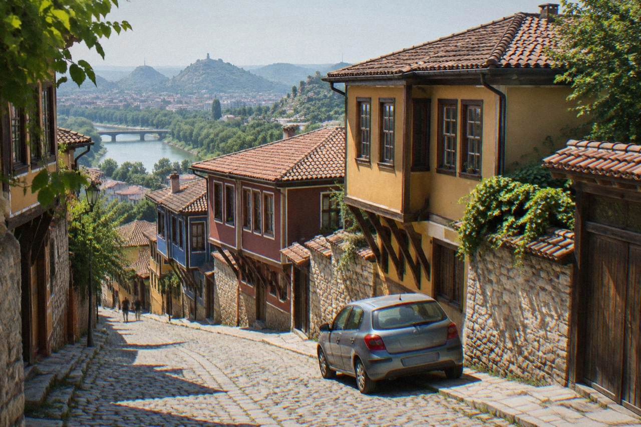 A parked compact car on a cobbled street beside colourful old houses in Plovdiv