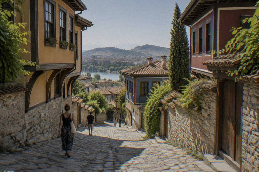 People walking on a steep cobbled lane between restored Revival-era houses in Plovdiv Old Town