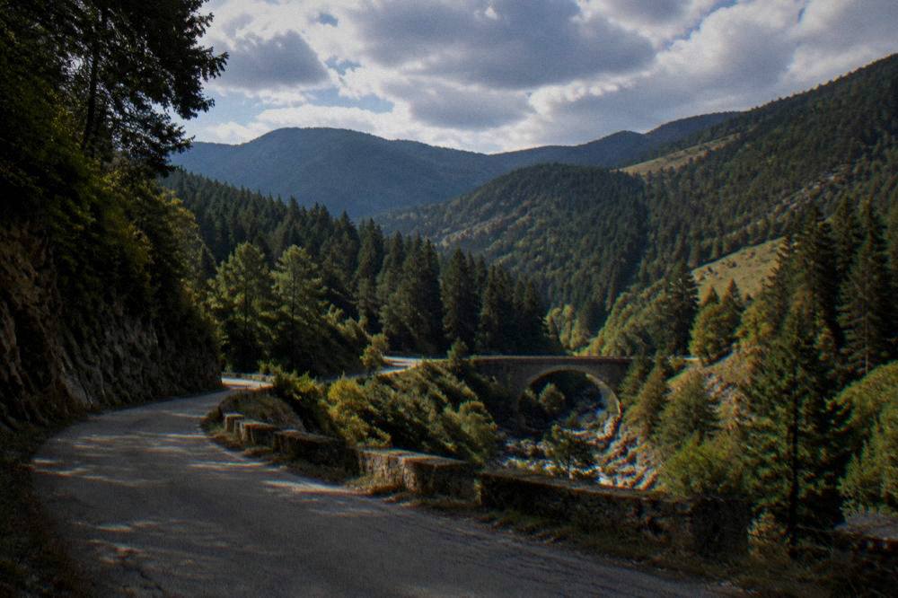 A road winding through forested Rhodope mountains with a stone arch bridge in the distance