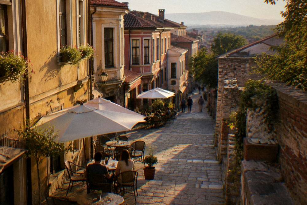 Travellers sitting at an outdoor cafe table on a narrow street in the Kapana district