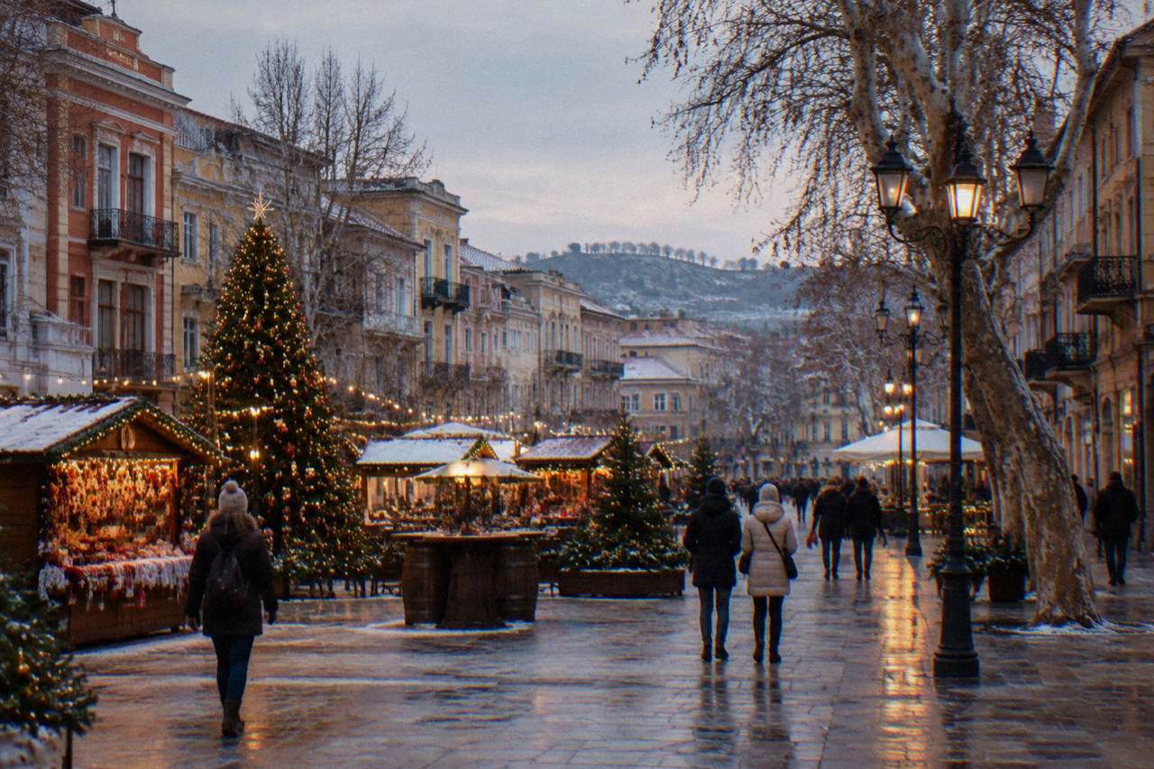A festive Christmas market square in an old European city at dusk with warm string lights