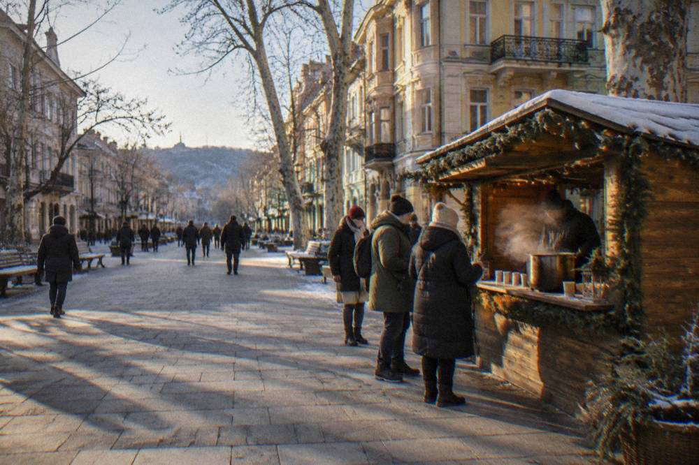 A wooden market stall serving mulled wine to people in winter coats