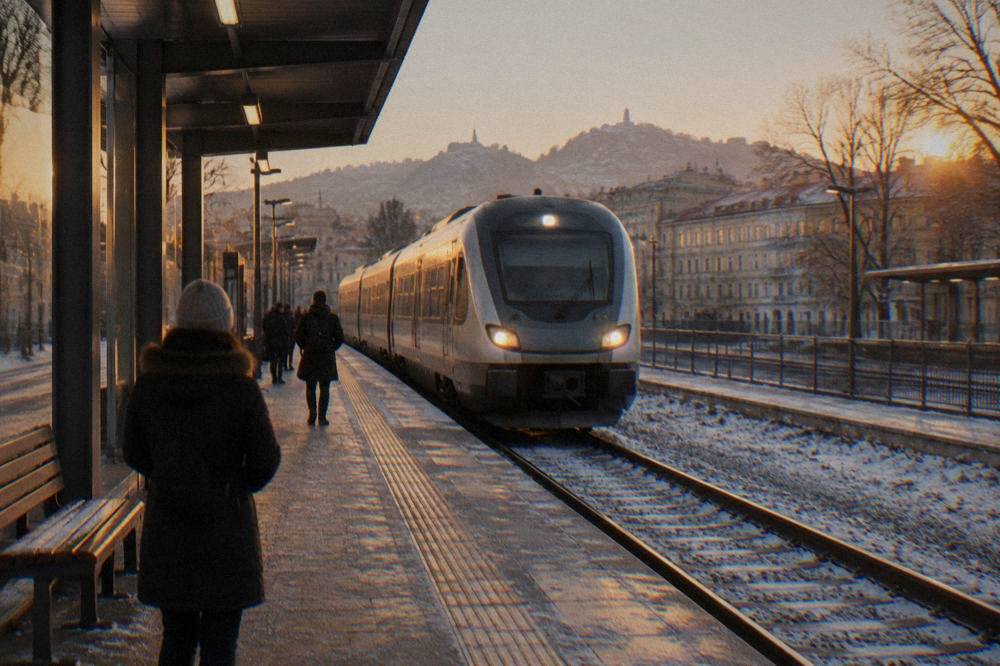 A modern train arriving at an illuminated station platform in winter