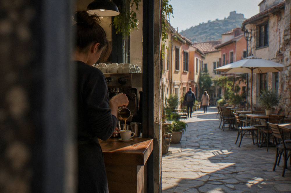 Barista pouring espresso into a small cup on a wooden counter