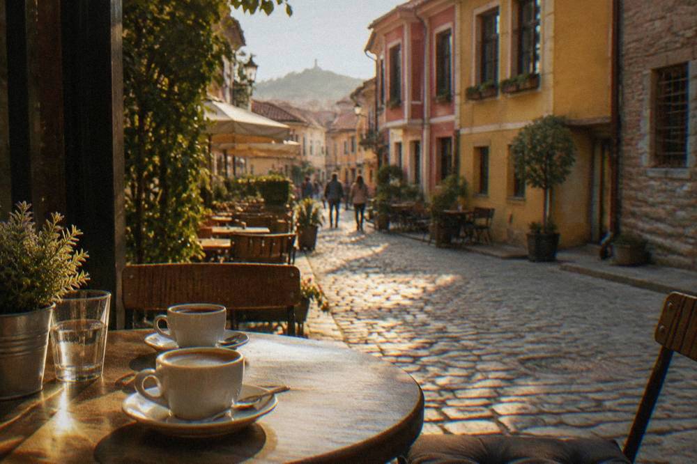 Coffee cups on a table beside a cobbled lane with colourful facades