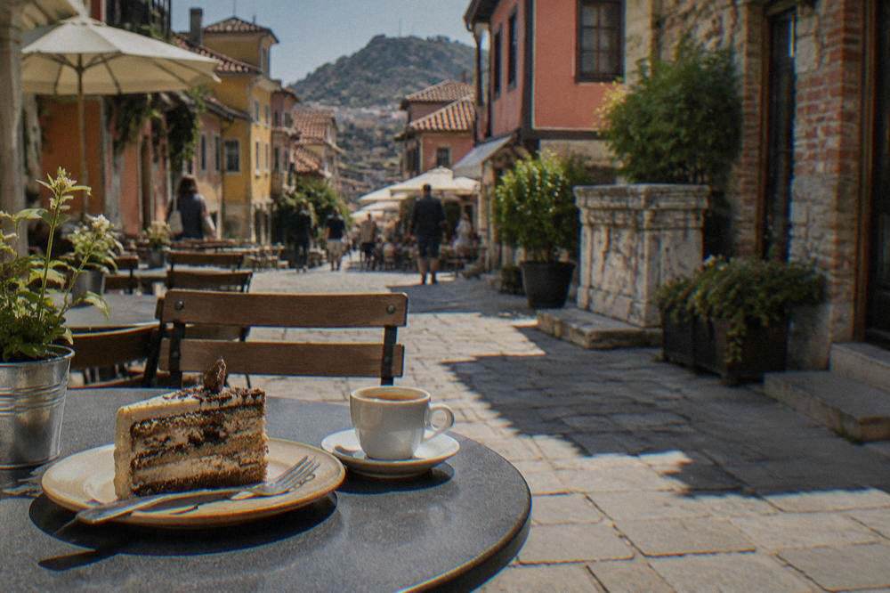 Slice of layered cake and a small coffee on a cafe table