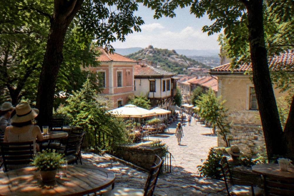 Shaded terrace tables under trees in a city park in summer