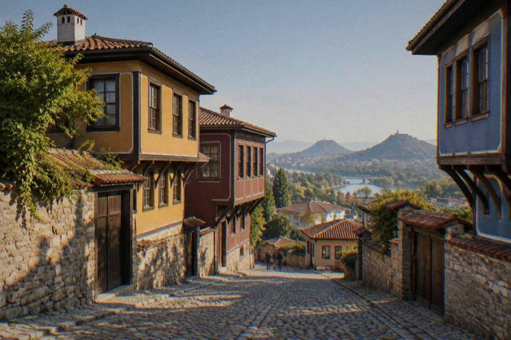 Cobblestone street in the Old Town of Plovdiv lined with colourful revival-era houses