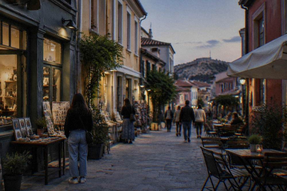 Narrow street in the Kapana district with painted facades, small shops and people browsing
