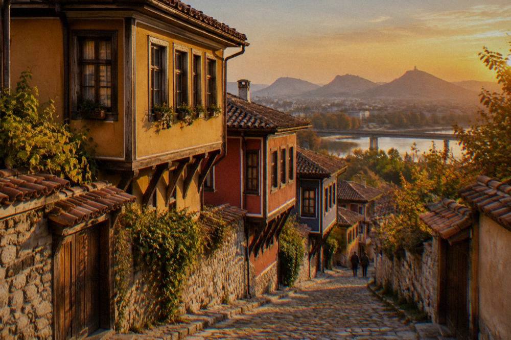 Illuminated Old Town houses on a hillside in Plovdiv at dusk